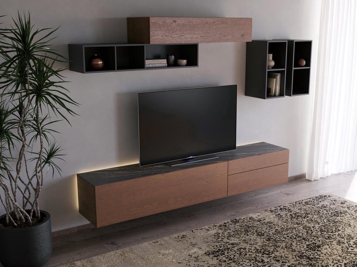 Meuble TV avec plan en pierre céramique Fly - structure et façades en chêne noueux caramel, noir desir mat plan en céramique Laminam, combiné avec des compartiments ouverts en laqué brun mat